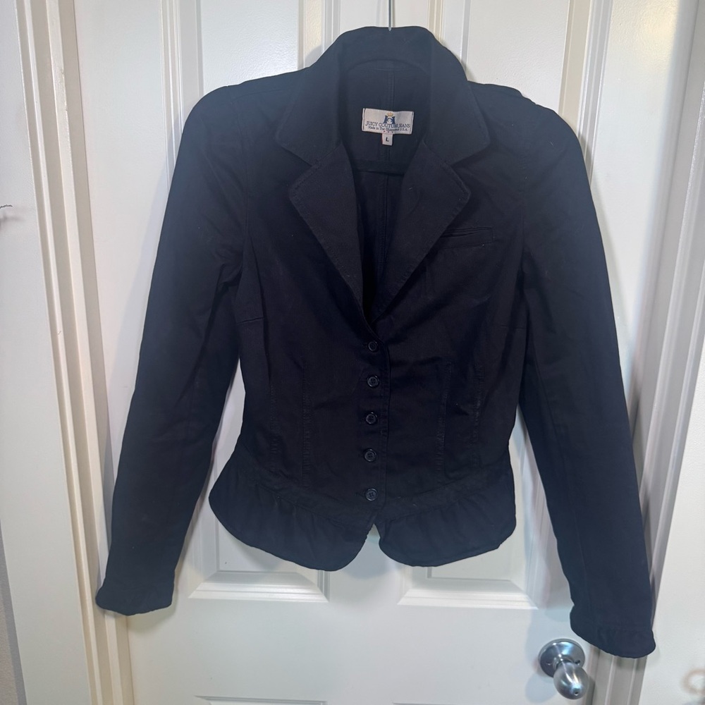 Juicy Couture Black Denim Women's Blazer Jacket with Ruffe Detail